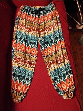 Boho Printed Elastic-Waist harem  Pants - Multicolor 17 inch wide